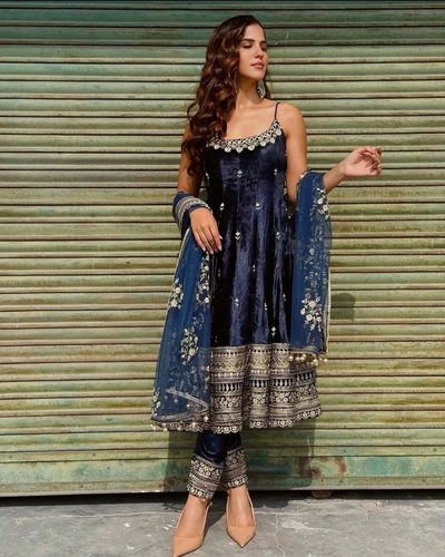 blue designer vichitra silk gown set